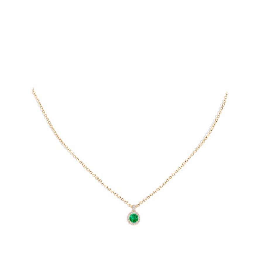 Necklaces Angara Emerald | Round Emerald Dangle Pendant With Diamond Halo