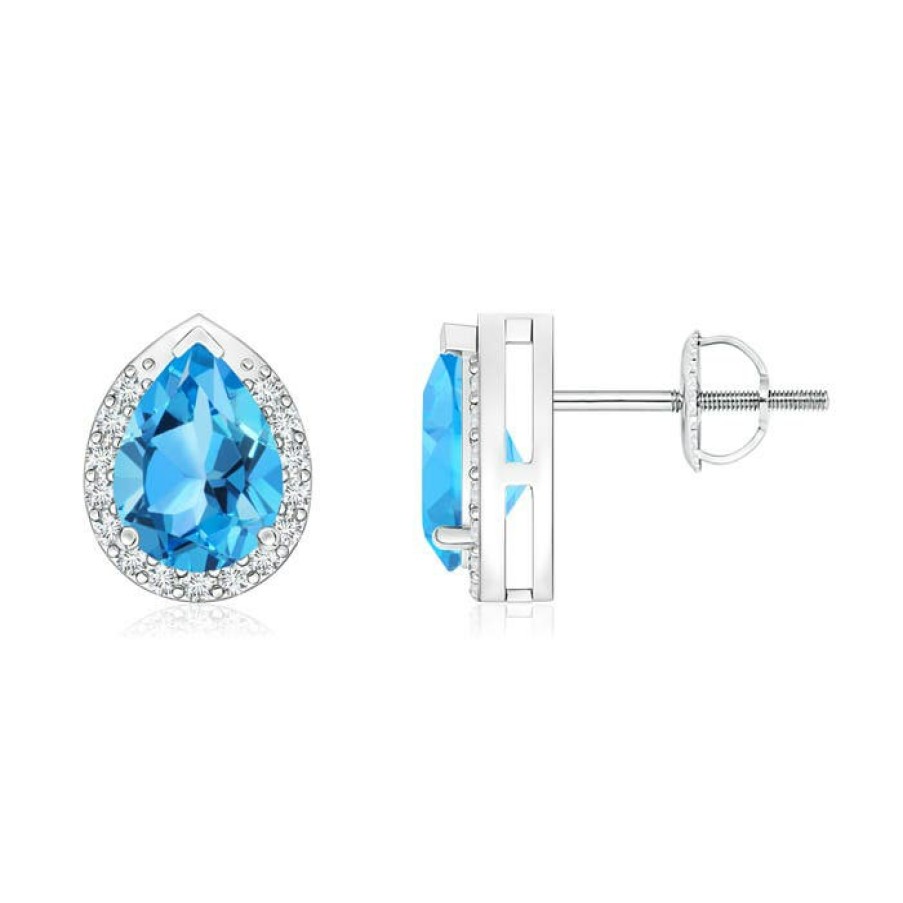 Earrings Angara Swiss Blue Topaz | Pear-Shaped Swiss Blue Topaz Stud Earrings With Diamond Halo