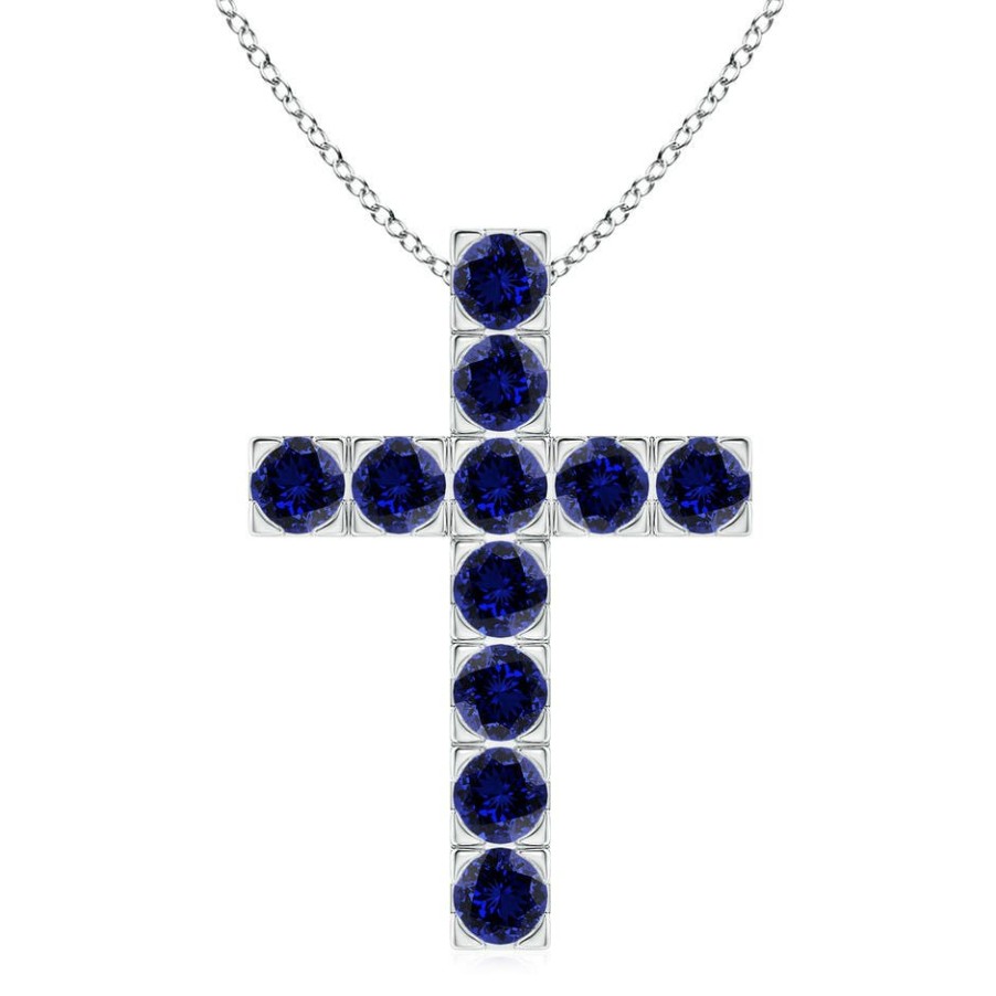 Necklaces Angara Blue Sapphire | Lab-Grown Flat Prong-Set Blue Sapphire Cross Pendant