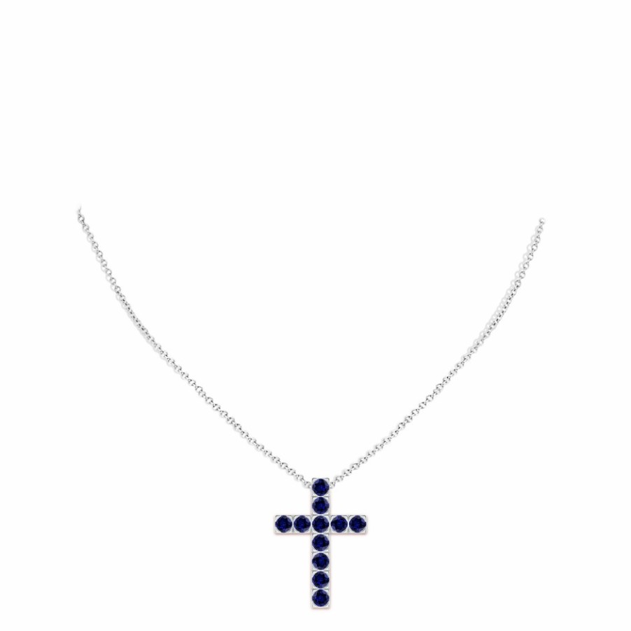 Necklaces Angara Blue Sapphire | Lab-Grown Flat Prong-Set Blue Sapphire Cross Pendant