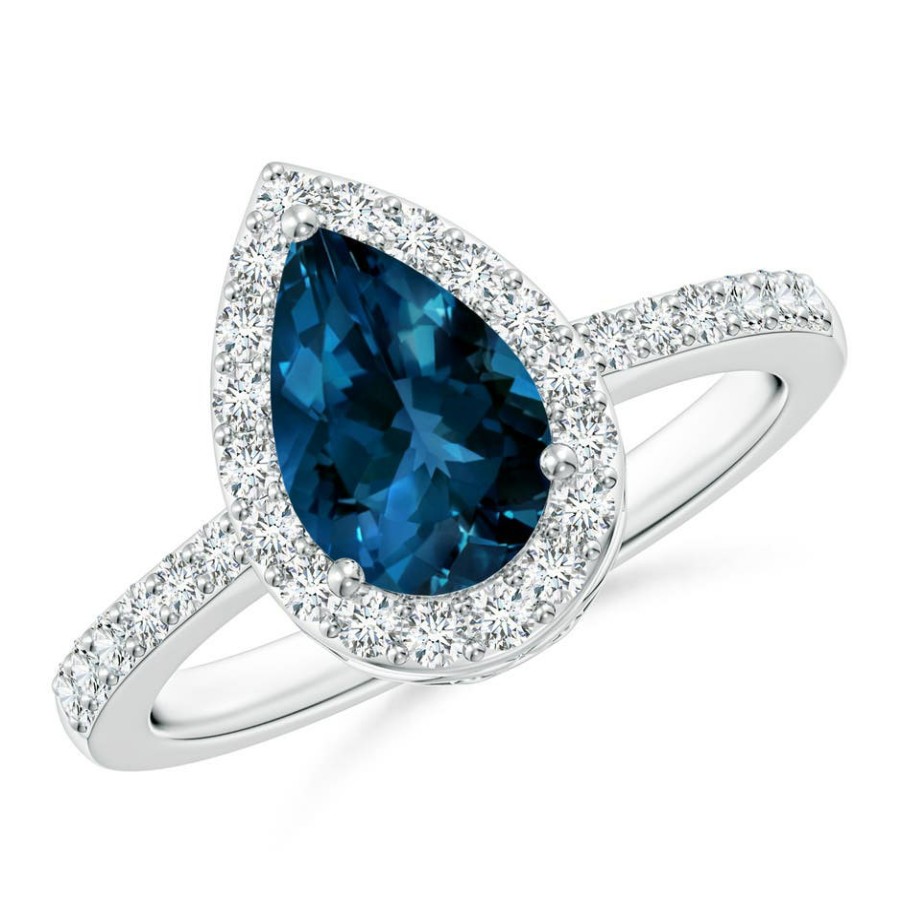 Rings Angara London Blue Topaz | Pear London Blue Topaz Ring With Diamond Halo