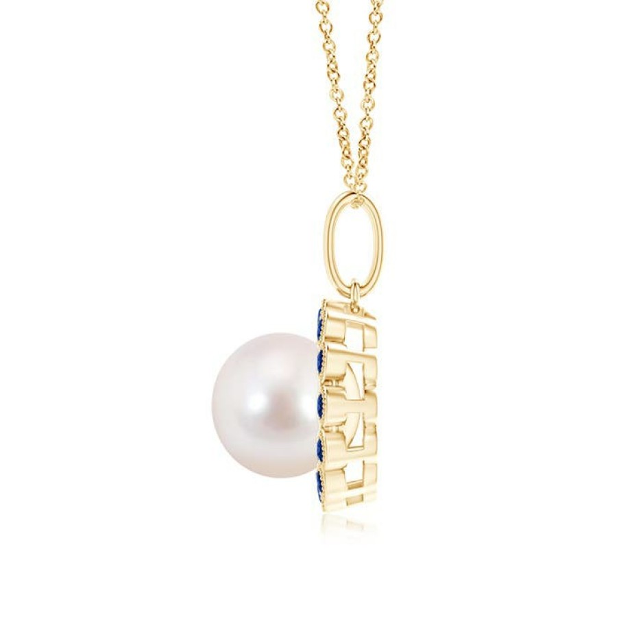 Necklaces Angara Akoya Pearl | Japanese Akoya Pearl And Sapphire Halo Pendant With Milgrain