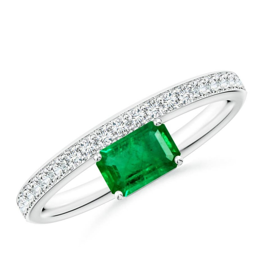 Rings Angara Emerald | Emerald-Cut Emerald Off-Centered Solitaire Ring With Diamonds