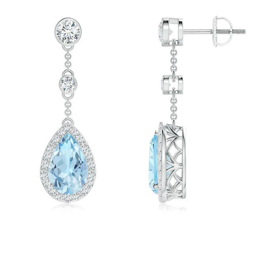 Earrings Angara Aquamarine | Vintage Style Pear-Shaped Aquamarine Halo Drop Earrings