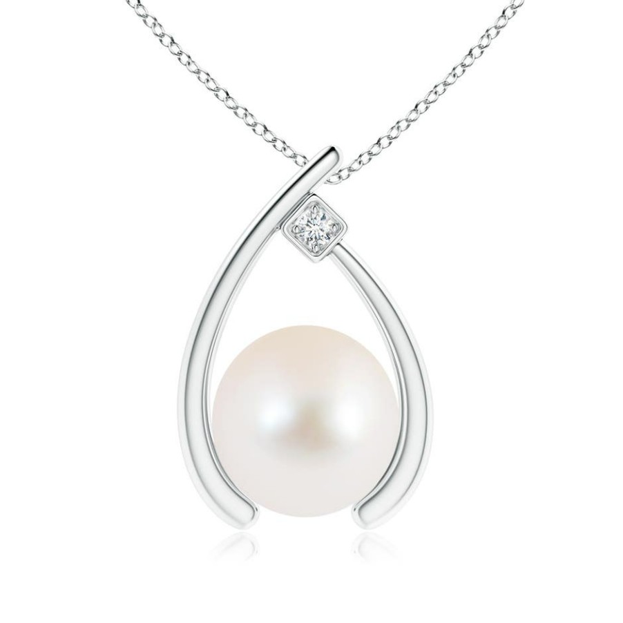 Necklaces Angara Freshwater Pearl | Freshwater Pearl Wishbone Pendant With Diamond