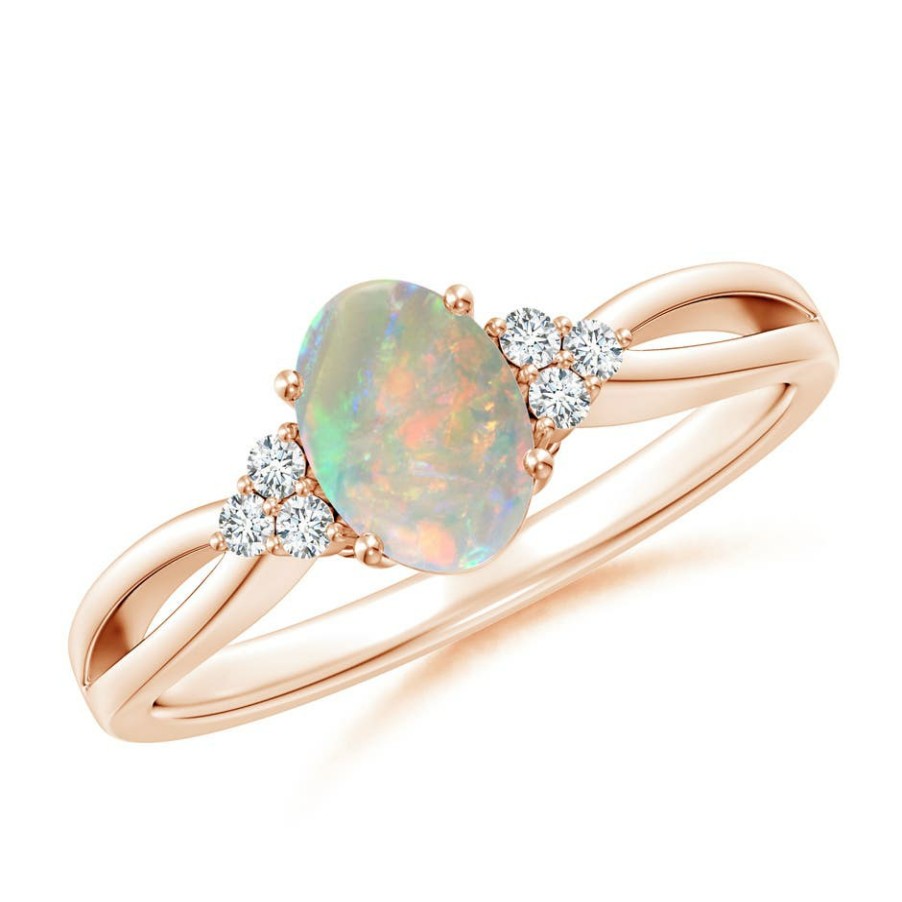 Rings Angara Opal | Solitaire Oval Opal Split Shank Ring With Trio Diamonds