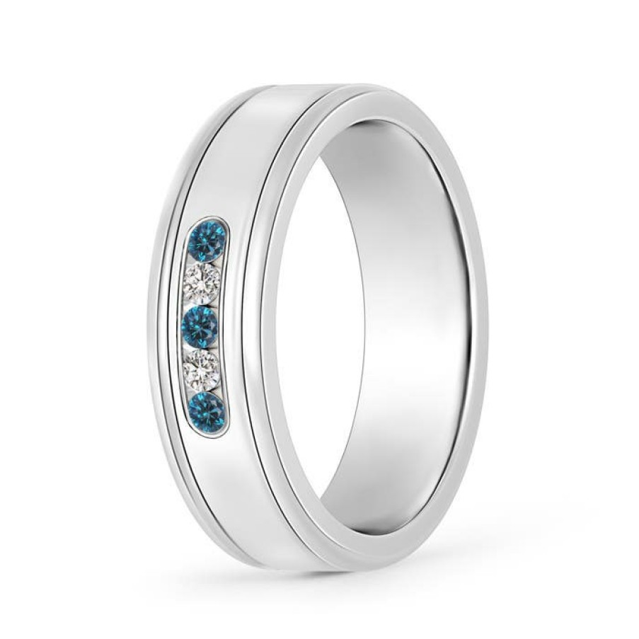 Rings Angara Enhanced Blue | Blue And White Diamond Five Stone Grooved Wedding Ring