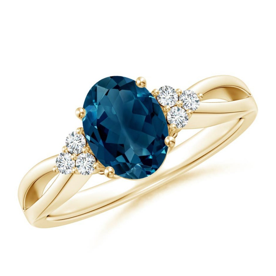 Rings Angara London Blue Topaz | Oval London Blue Topaz Split Shank Ring With Trio Diamonds