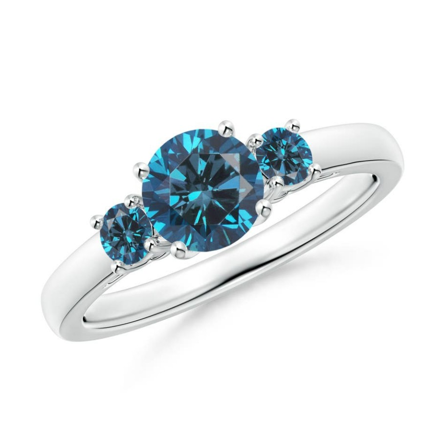 Rings Angara Enhanced Blue | Round Blue Diamond Three Stone Engagement Ring