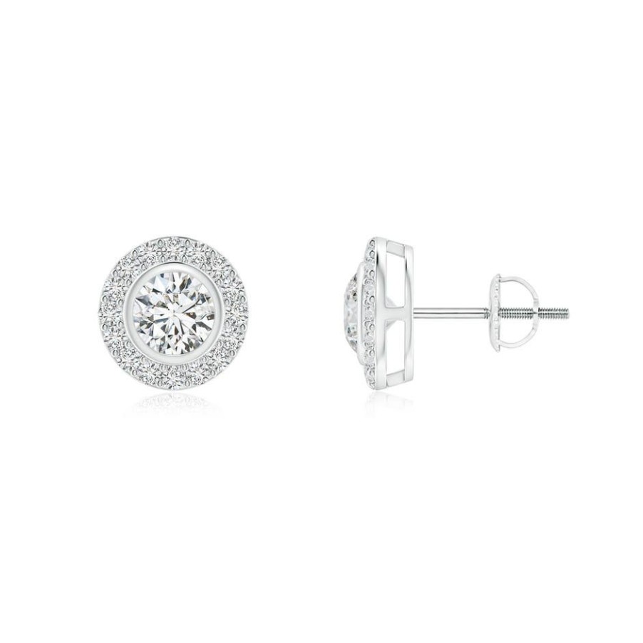 Earrings Angara Diamond | Solitaire Bezel-Set Round Diamond Halo Stud Earrings