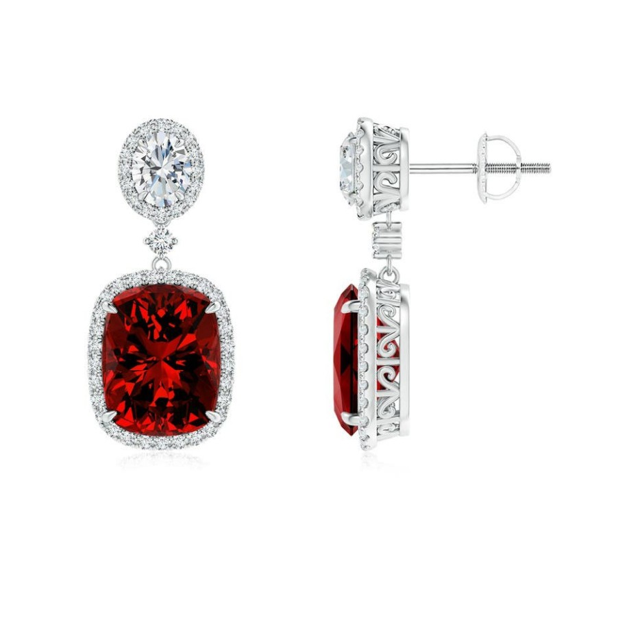 Earrings Angara Ruby | Lab-Grown Two Tier Claw-Set Ruby Dangle Earrings With Lab Diamond Halo