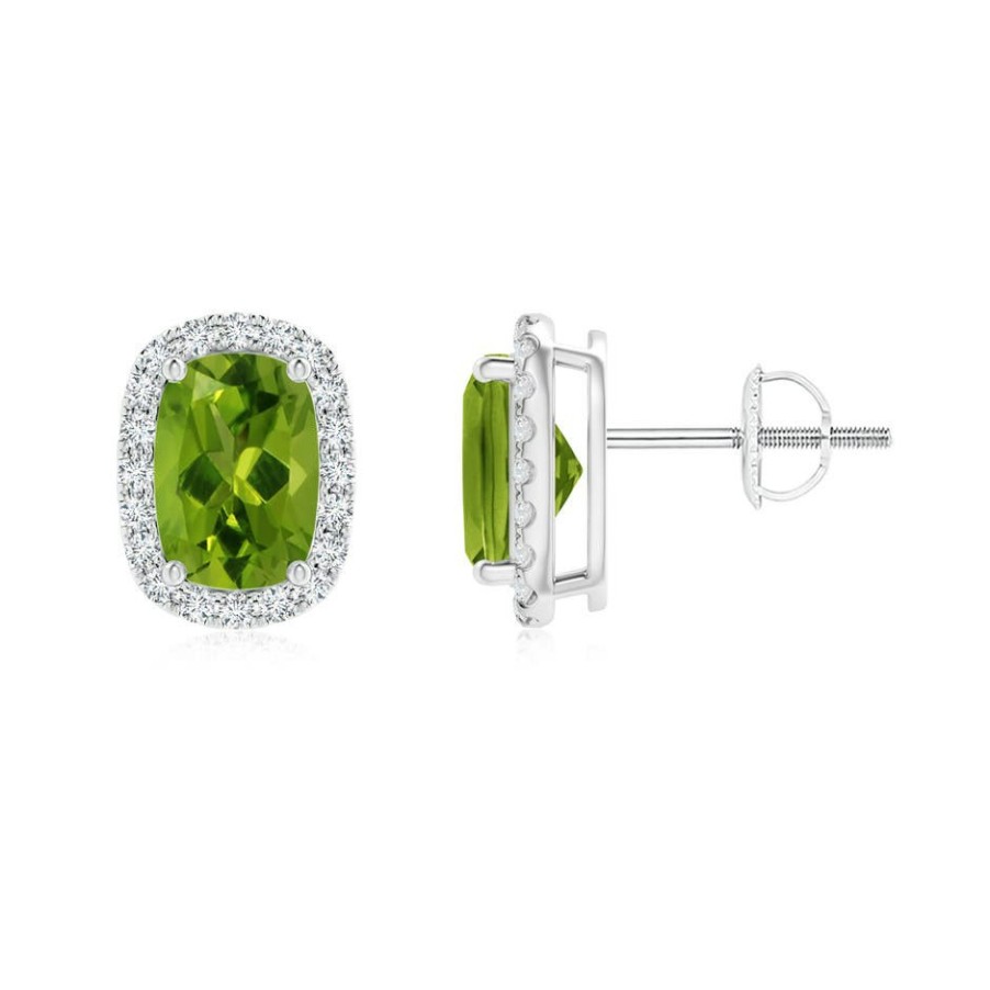 Earrings Angara Peridot | Cushion Peridot Stud Earrings With Diamond Halo