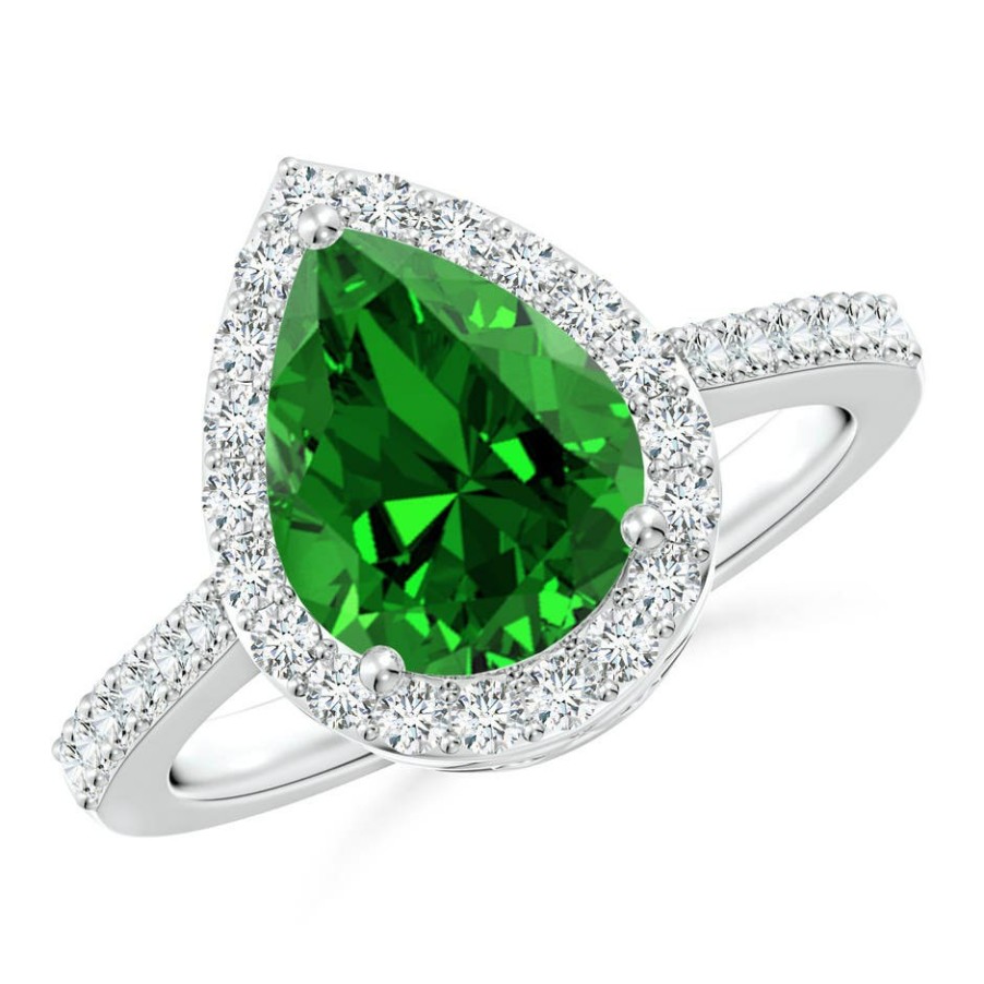 Rings Angara Emerald | Lab-Grown Pear Emerald Ring With Lab Diamond Halo