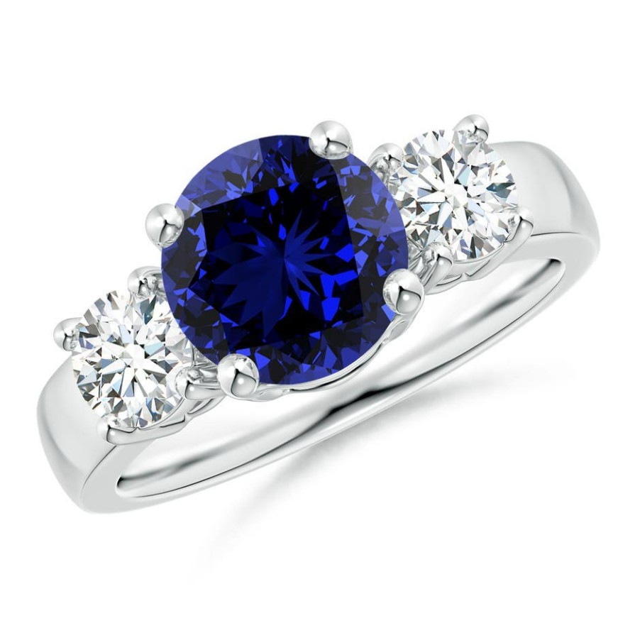 Rings Angara Blue Sapphire | Lab-Grown Classic Blue Sapphire And Lab Diamond Three Stone Engagement Ring