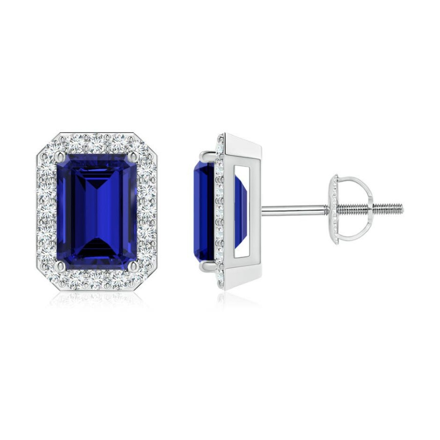 Earrings Angara Blue Sapphire | Lab-Grown Emerald-Cut Sapphire Stud Earrings With Lab Diamond Halo