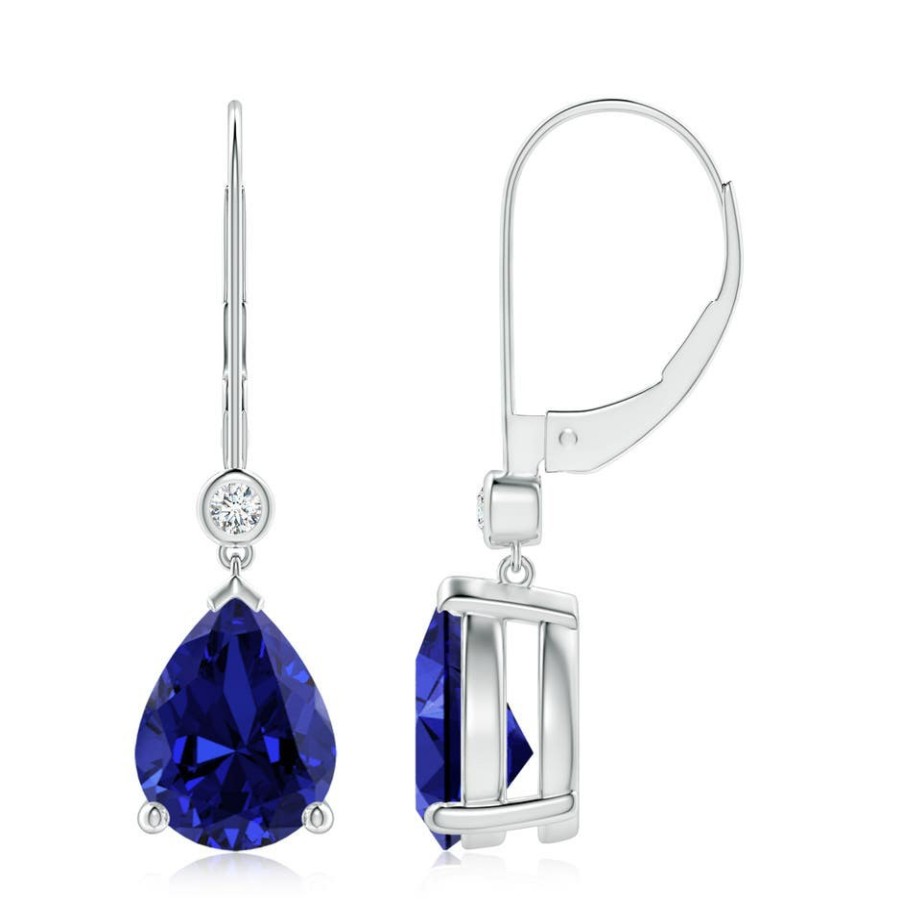 Earrings Angara Blue Sapphire | Lab-Grown Pear-Shaped Sapphire Leverback Drop Earrings With Lab Diamond