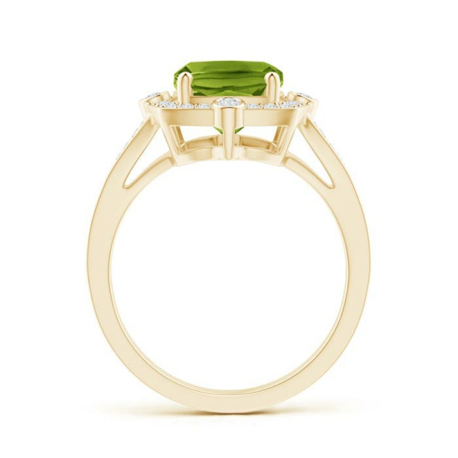 Rings Angara Peridot | Art Deco Inspired Cushion Peridot Ring With Diamond Halo