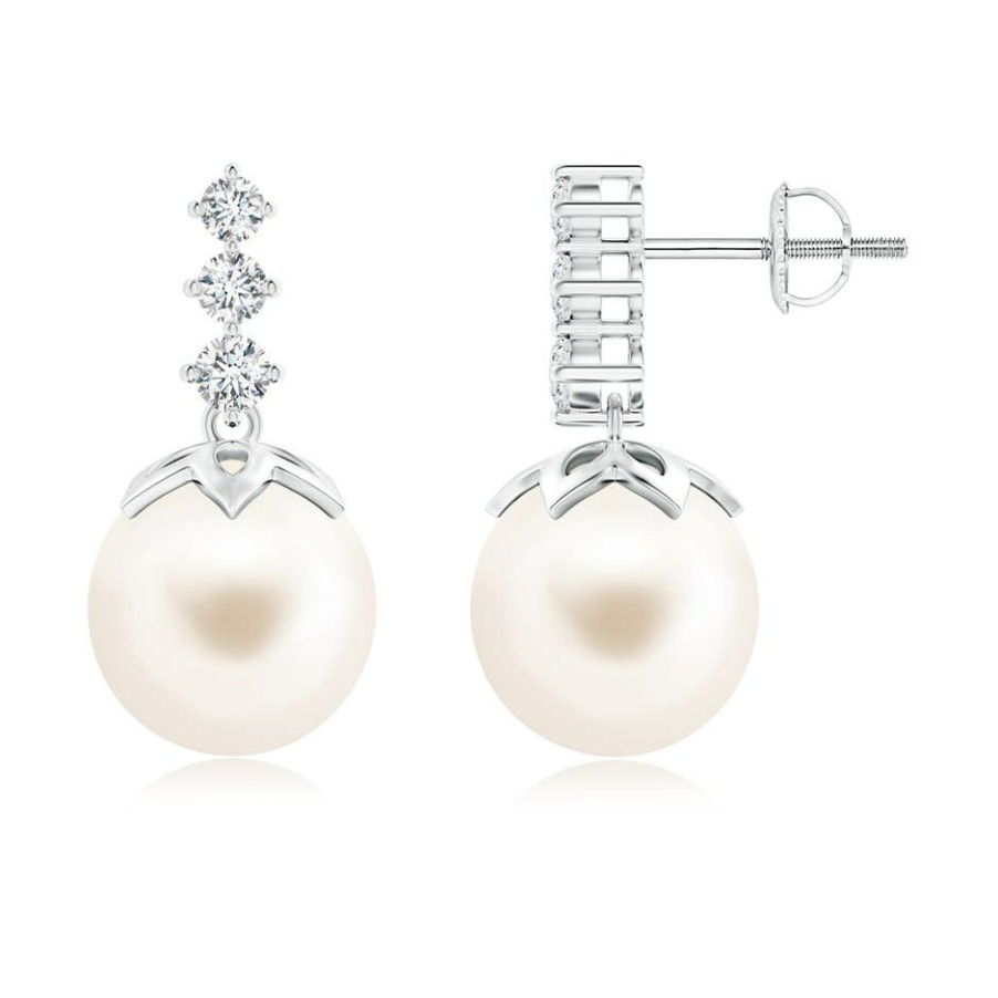 Earrings Angara Freshwater Pearl | Freshwater Pearl Earrings With Graduated Diamond