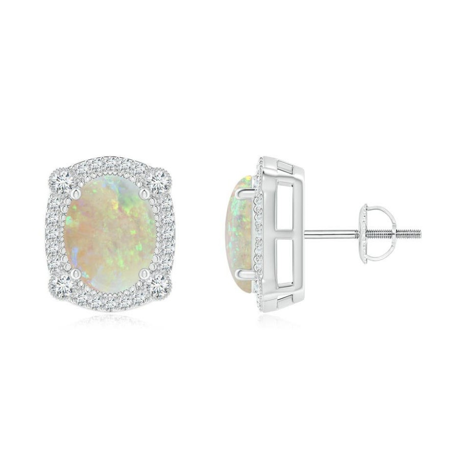 Earrings Angara Opal | Vintage Style Opal Earrings With Bezel-Set Diamonds