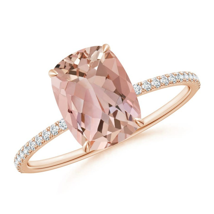 Rings Angara Morganite | Thin Shank Cushion Morganite Ring With Diamond Accents