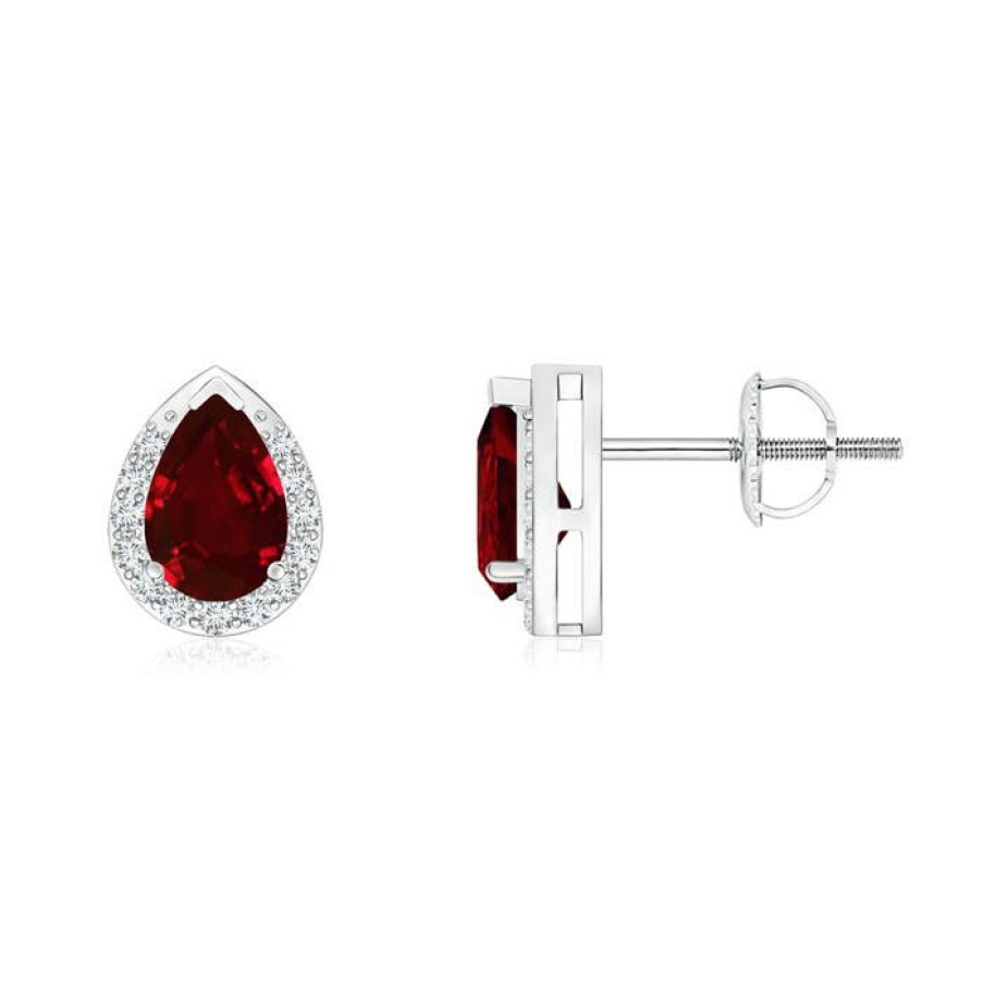 Earrings Angara Ruby | Pear-Shaped Ruby Stud Earrings With Diamond Halo