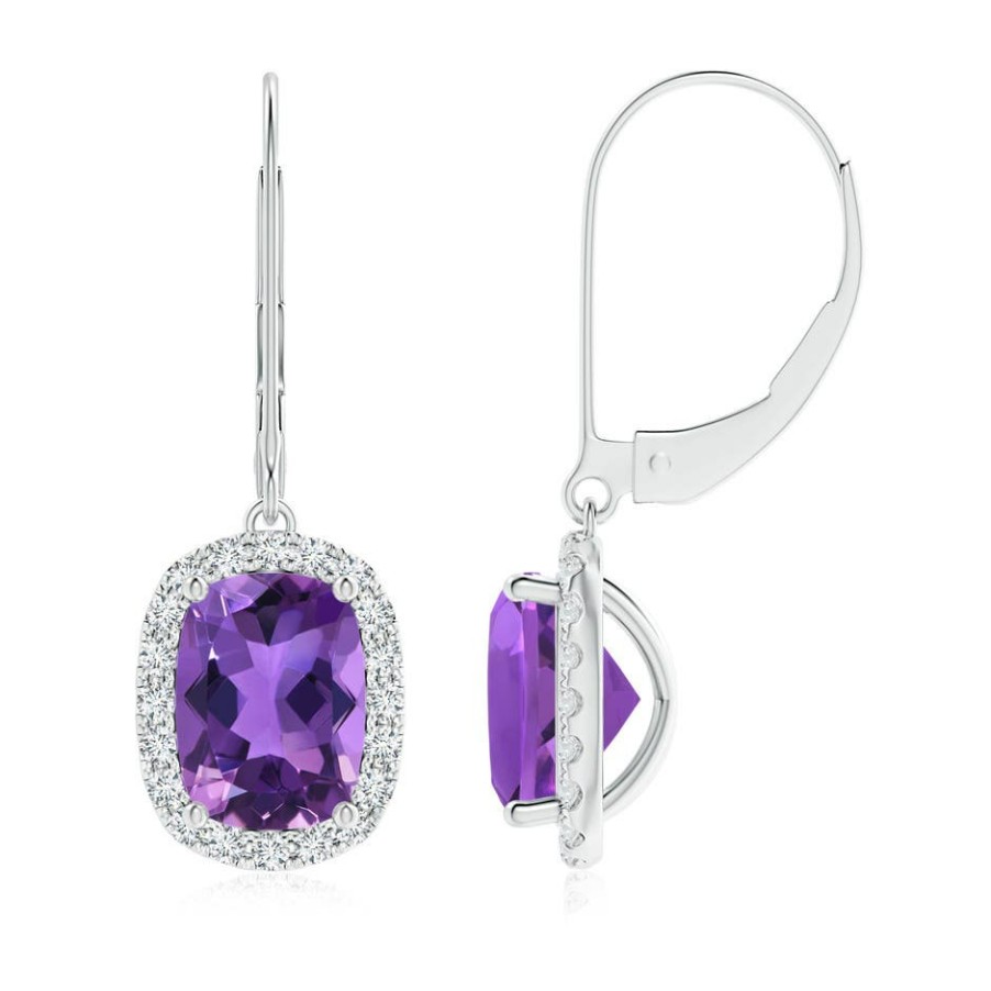 Earrings Angara Amethyst | Cushion Amethyst Leverback Earrings With Diamond Halo