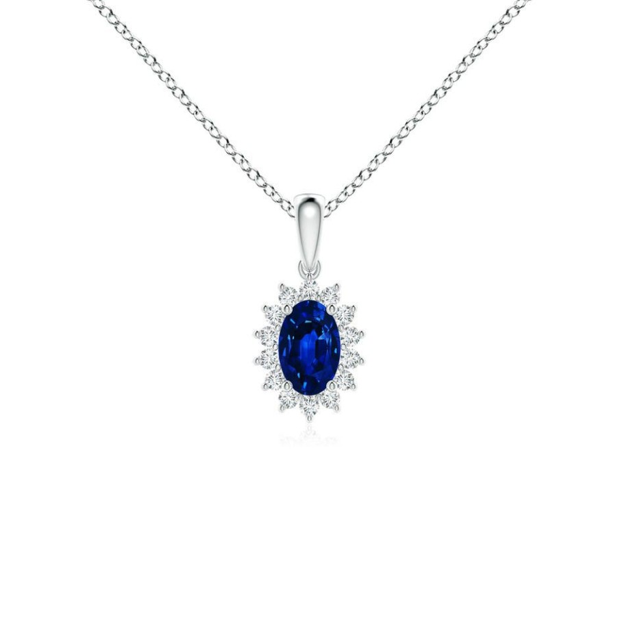 Necklaces Angara Blue Sapphire | Oval Sapphire Pendant With Floral Diamond Halo