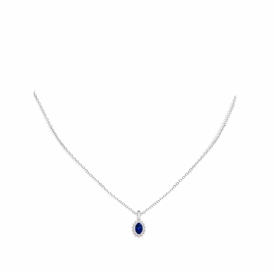 Necklaces Angara Blue Sapphire | Oval Sapphire Pendant With Floral Diamond Halo