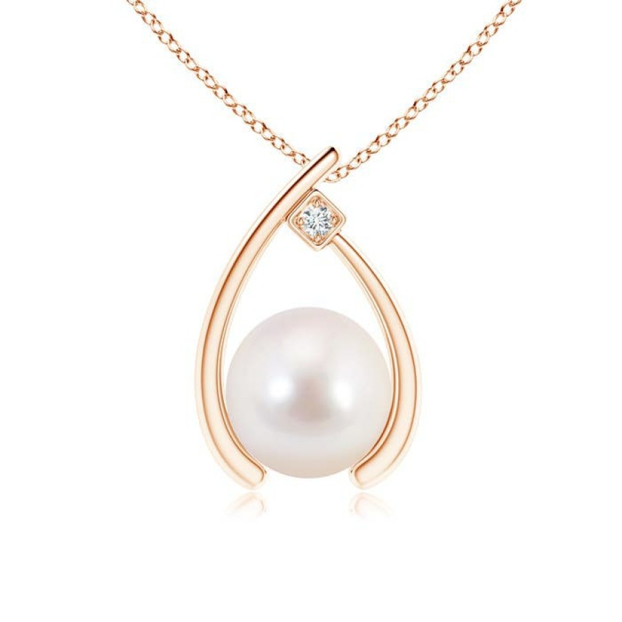 Necklaces Angara Akoya Pearl | Japanese Akoya Pearl Wishbone Pendant With Diamond