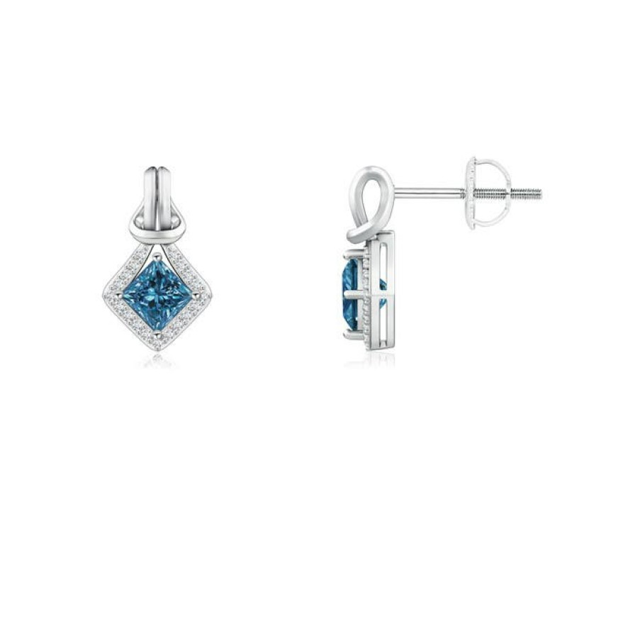 Earrings Angara Enhanced Blue | Princess-Cut Blue Diamond Love Knot Earrings