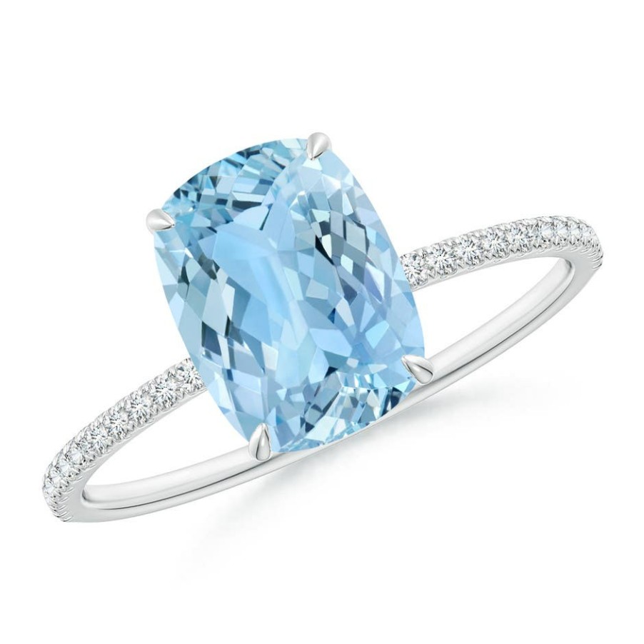 Rings Angara Aquamarine | Thin Shank Cushion Cut Aquamarine Ring With Diamond Accents