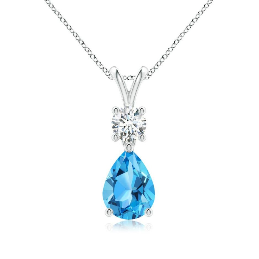 Necklaces Angara Swiss Blue Topaz | Pear-Shaped Swiss Blue Topaz V-Bale Pendant