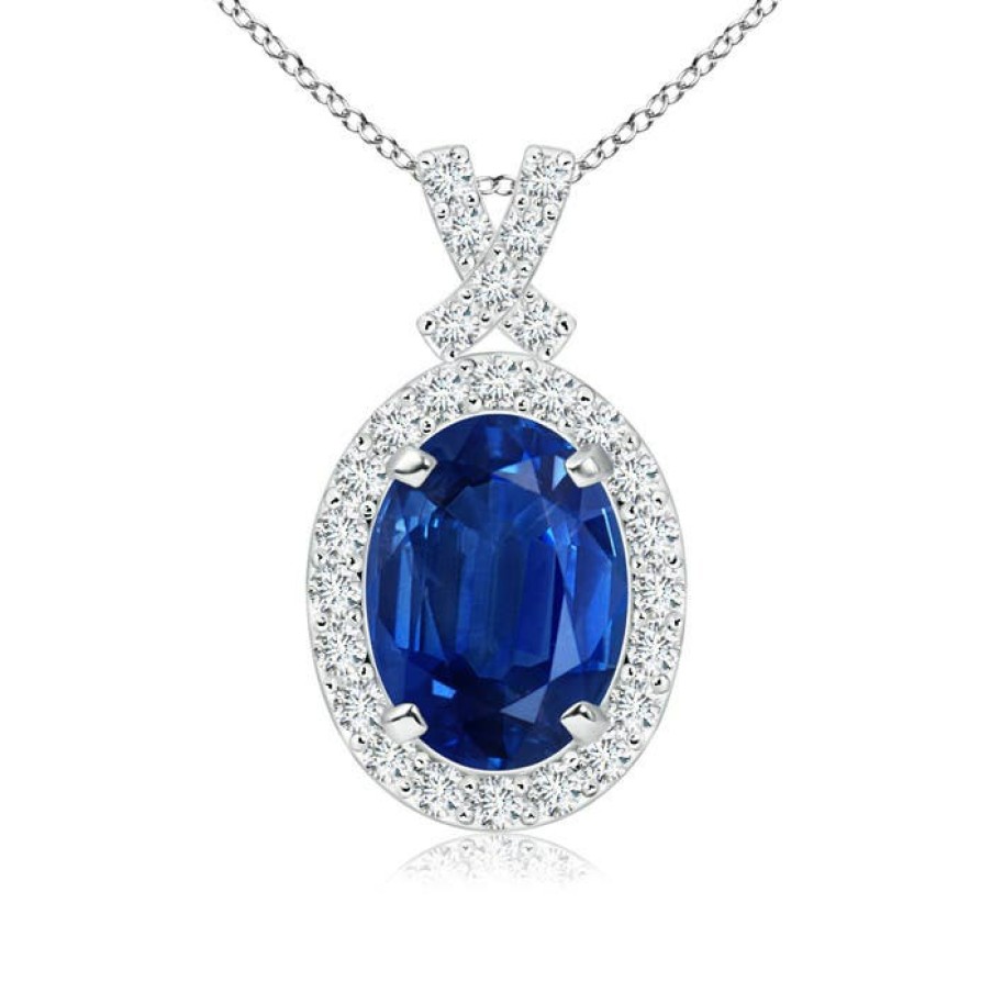 Necklaces Angara Blue Sapphire | Vintage Style Sapphire Pendant With Diamond Halo