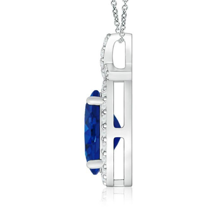 Necklaces Angara Blue Sapphire | Vintage Style Sapphire Pendant With Diamond Halo