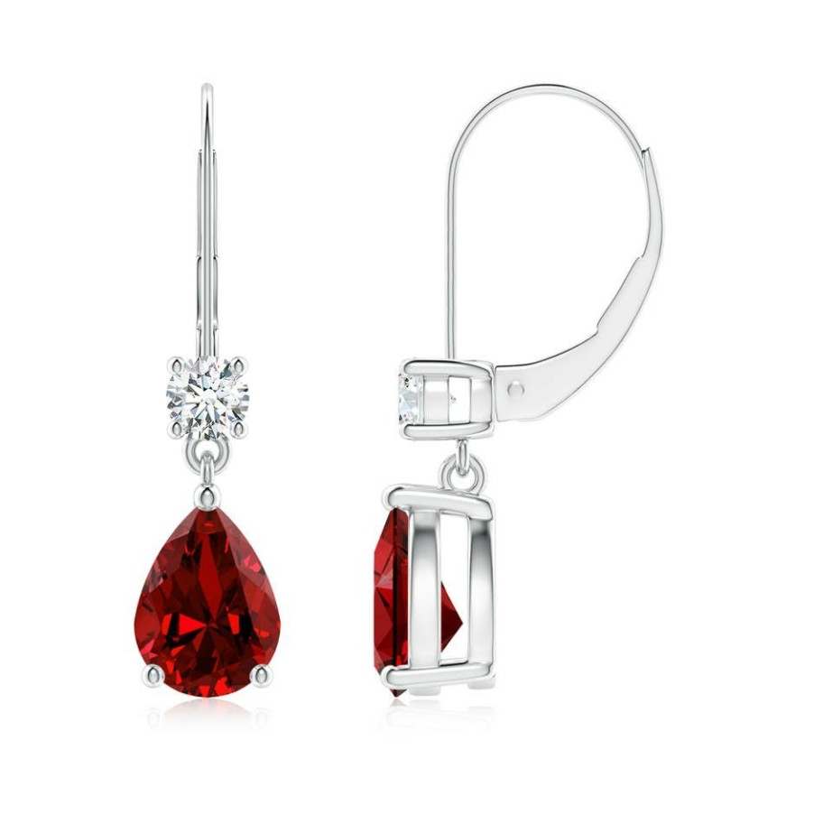 Earrings Angara Ruby | Lab-Grown Pear Ruby Leverback Drop Earrings With Lab Diamond