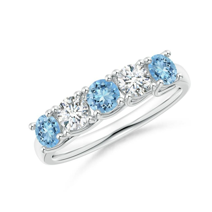 Rings Angara Aquamarine | Half Eternity Five Stone Aquamarine And Diamond Wedding Ring