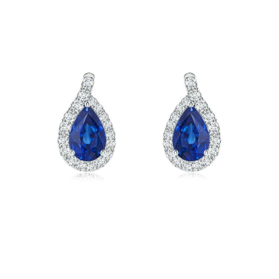 Earrings Angara Blue Sapphire | Pear Blue Sapphire Earrings With Diamond Swirl Frame