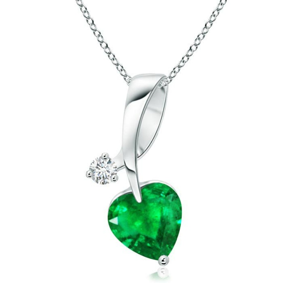 Necklaces Angara Emerald | Heart-Shaped Emerald Ribbon Pendant With Diamond