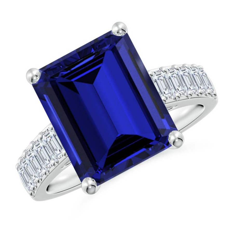 Rings Angara Blue Sapphire | Lab-Grown Emerald-Cut Blue Sapphire Ring With Diamond Accents