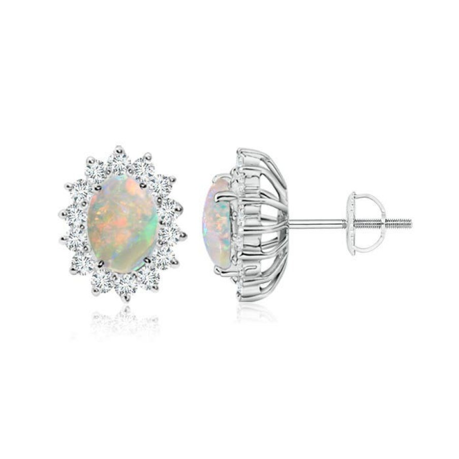 Earrings Angara Opal | Oval Opal Flower Stud Earrings With Diamond Halo