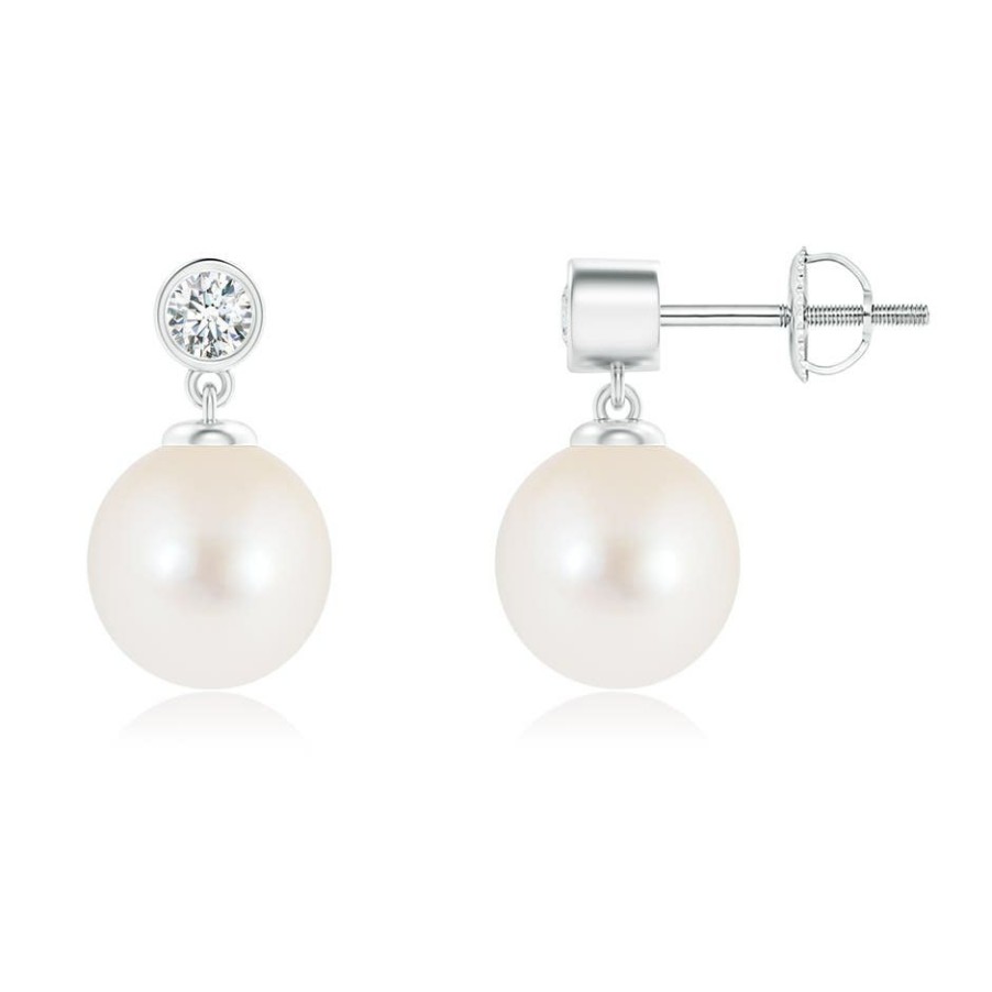 Earrings Angara Freshwater Pearl | Freshwater Pearl Drop Earrings With Bezel Diamond