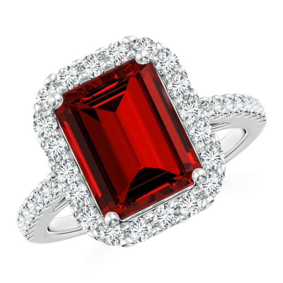 Rings Angara Ruby | Lab-Grown Emerald-Cut Ruby Halo Ring