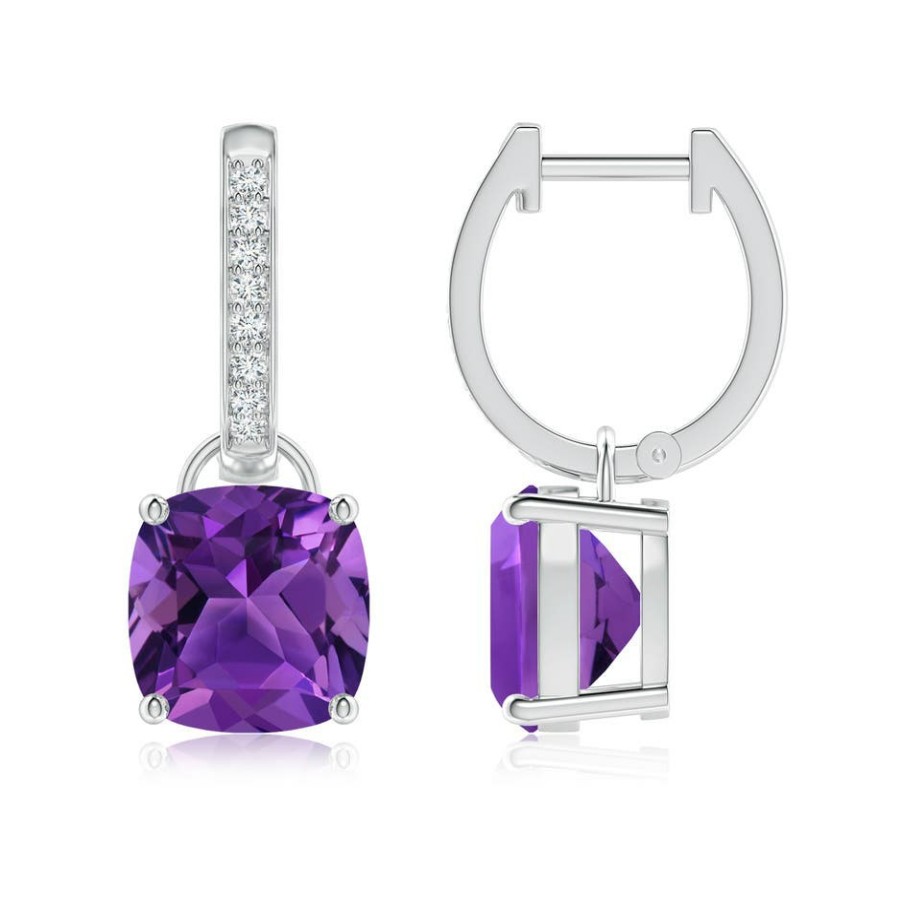 Earrings Angara Amethyst | Cushion Amethyst Drop Earrings With Diamond Accents