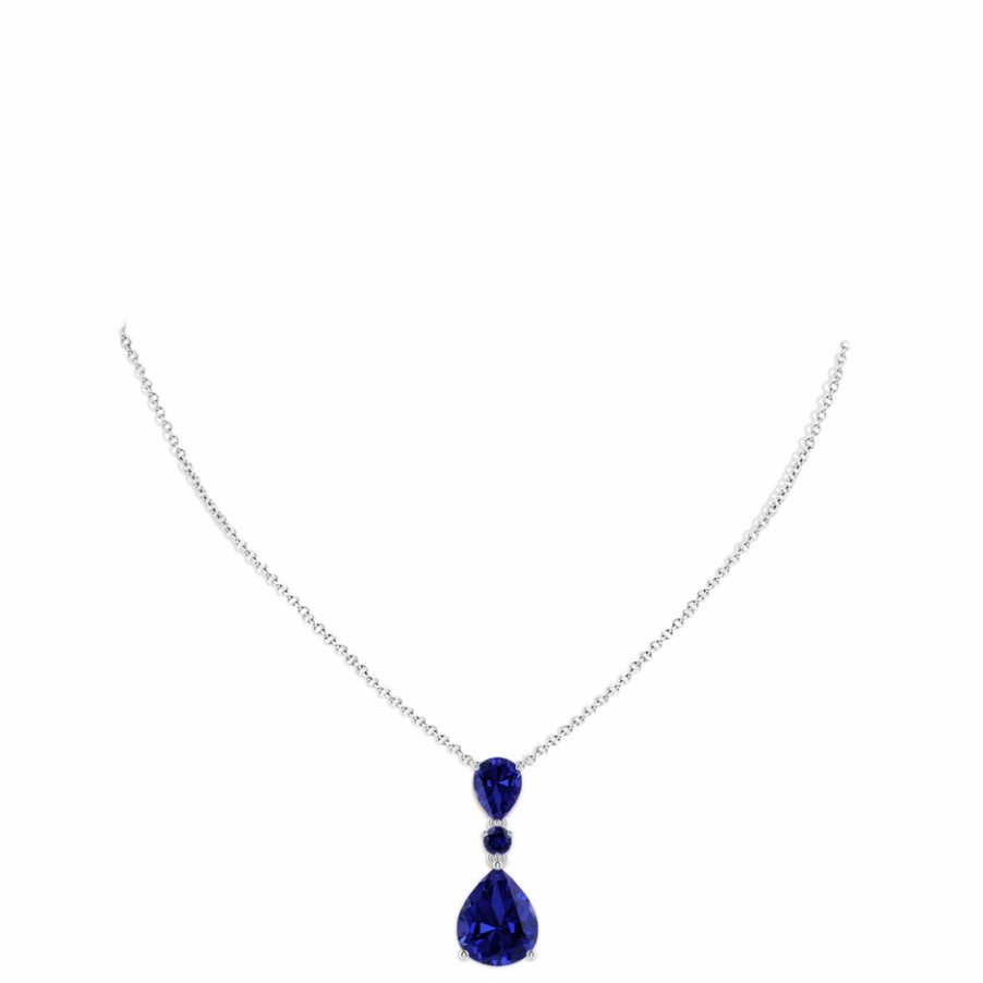 Necklaces Angara Blue Sapphire | Lab-Grown Pear And Round Blue Sapphire Three Stone Pendant