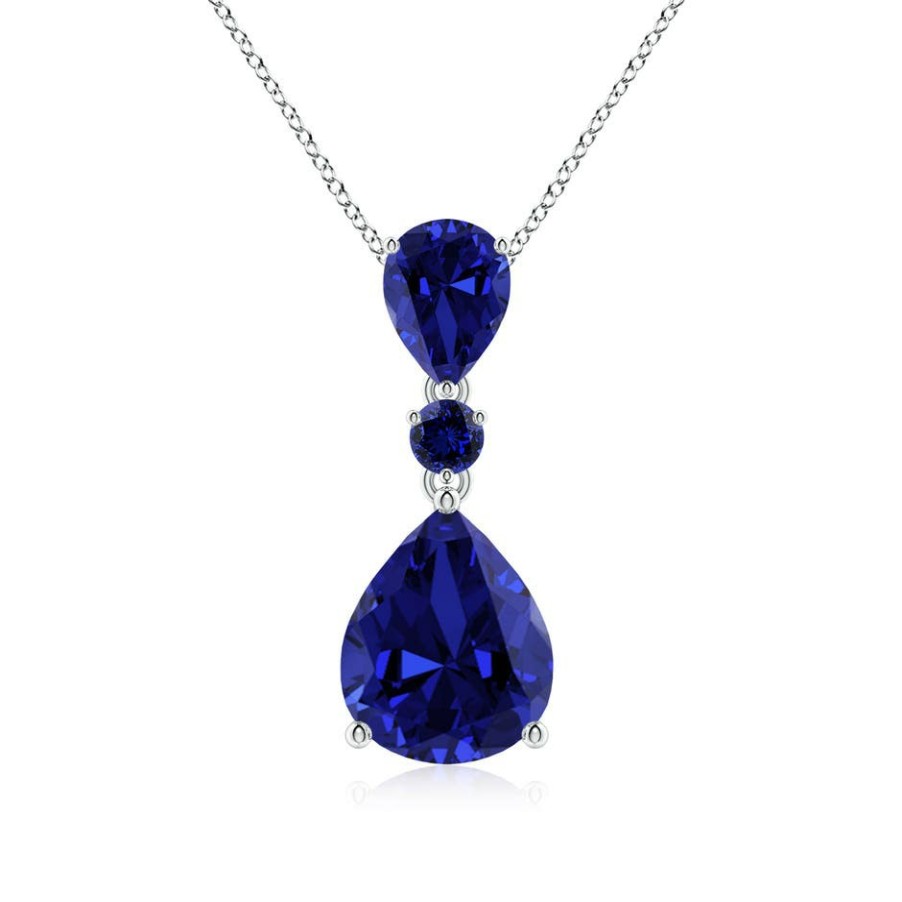 Necklaces Angara Blue Sapphire | Lab-Grown Pear And Round Blue Sapphire Three Stone Pendant