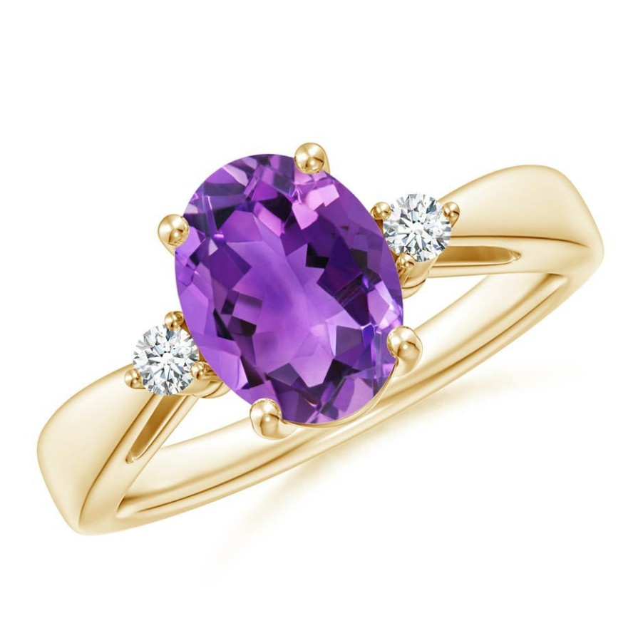 Rings Angara Amethyst | Tapered Shank Amethyst Solitaire Ring With Diamond Accents