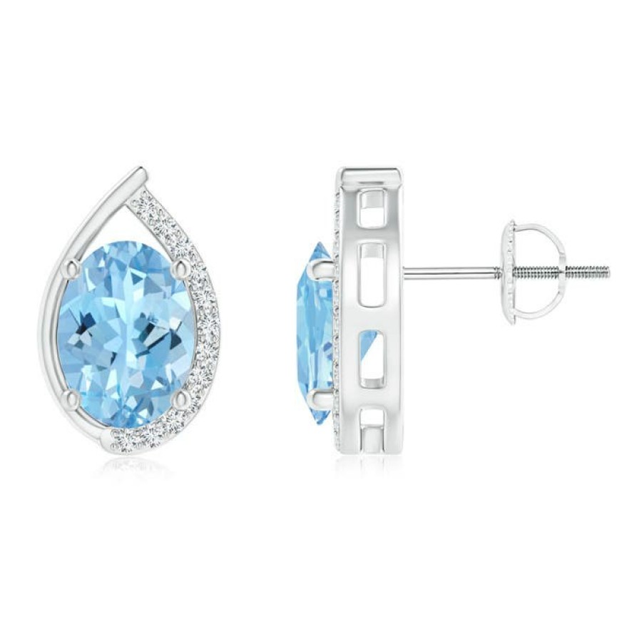 Earrings Angara Aquamarine | Teardrop Framed Oval Aquamarine Solitaire Stud Earrings