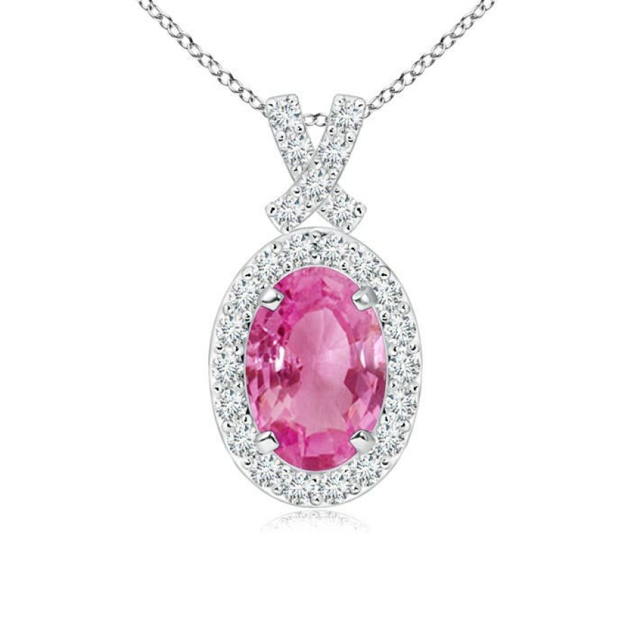 Necklaces Angara Pink Sapphire | Vintage Style Pink Sapphire Pendant With Diamond Halo