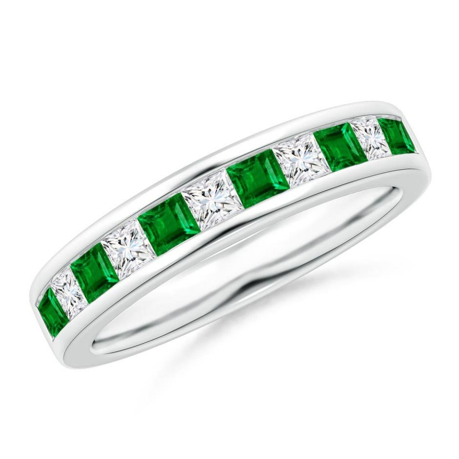 Rings Angara Emerald | Channel Square Emerald And Diamond Half Eternity Ring