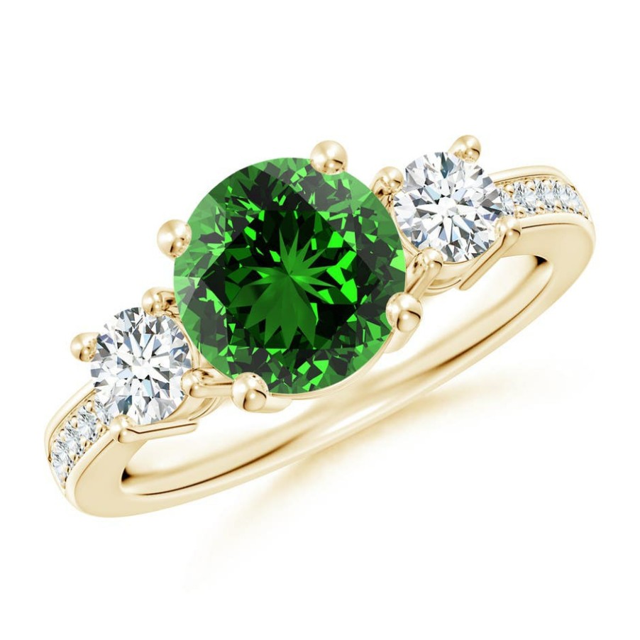 Rings Angara Emerald | Lab-Grown Classic Three Stone Emerald And Lab Diamond Ring